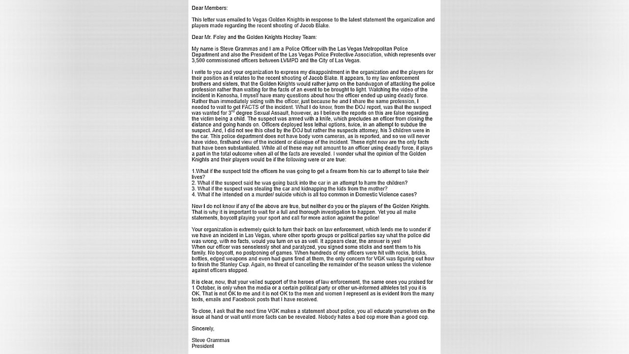 Powerful police union blasts Golden Knights in letter