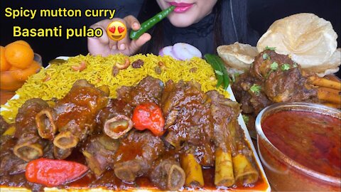 SPICY* MUTTON CURRY,LUCHI/POORI,BASANTI PULAO l FOOD EATING l MUTTON LEG PIECE (2KG MUTTON) MUKBANG