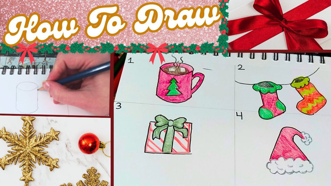 How To Draw 4 Simple Holiday Themed Doodles: Mug, Stocking, Present and Santa Hat