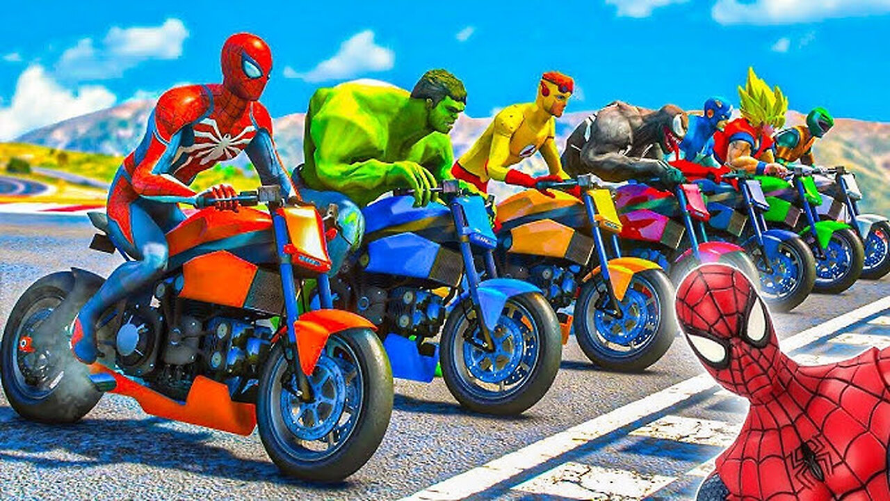 - Spiderman on a motorcycle against multi-colored spiders