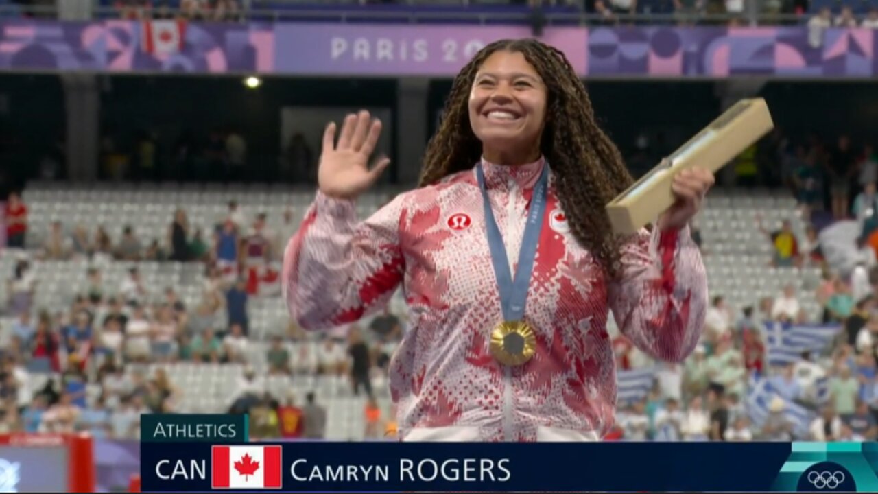 Canadian flag rises at Stade de France for Olympic women's hammer throw champion Camryn Rogers
