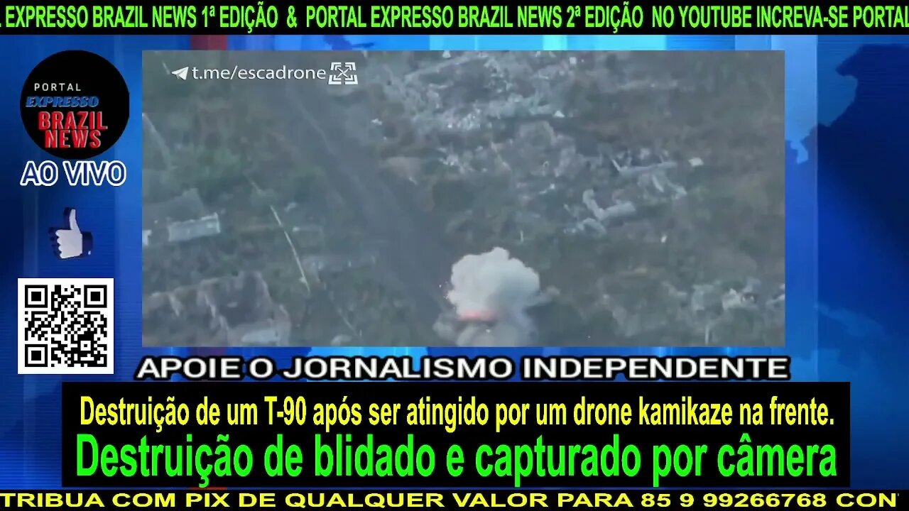 Destruição de um T-90 após ser atingido por um drone kamikaze na frente.