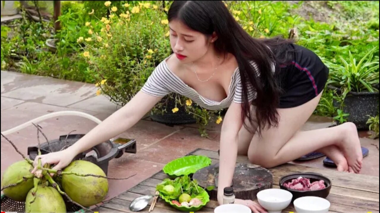 Nana Daily Life Piegon Steamed ln Young Coconut Beautiful Girl Cooking