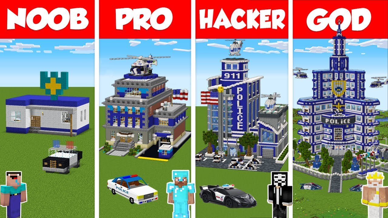 Minecraft TNT POLICE STATION HOUSE BUILD CHALLENGE - NOOB vs PRO vs HACKER vs GOD / Animation