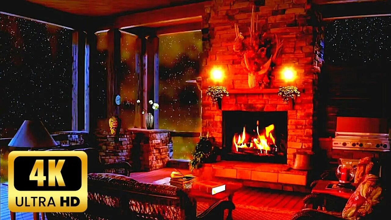 Cozy Cabin Ambience - Rain & Crackling Fireplace Sounds at Night for Relaxation, Sleep & Reading