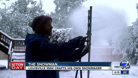 Louisville man creates his own snowmaking machine to snowboard in his backyard