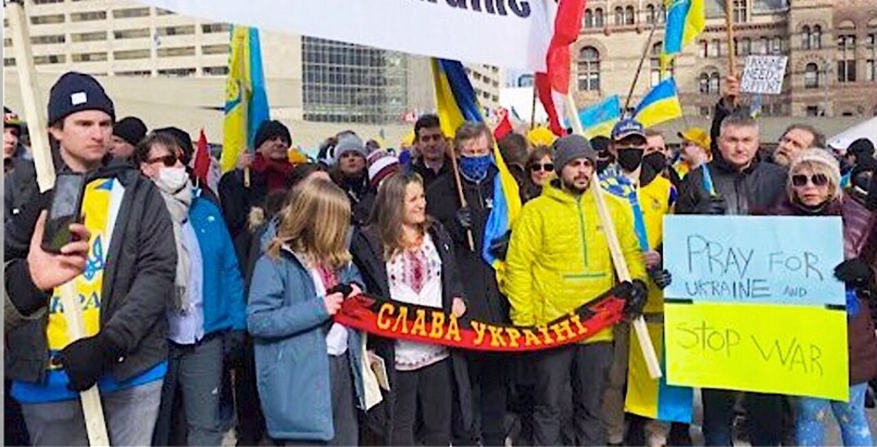 Media Blackout: Chrystia Freeland caught holding Pro-Nazi Banner at Ukraine protest