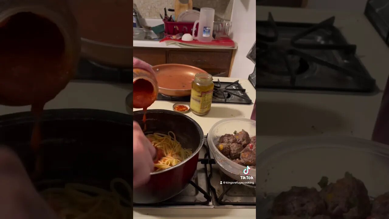 Meatloaf balls and spaghetti.
