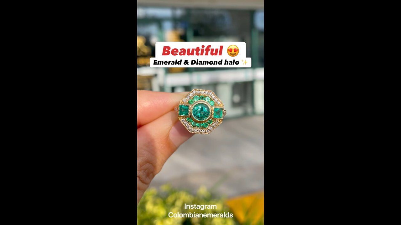 Hand made Bezel Set Round emerald and diamond halo Cluster ring in 18K yellow gold