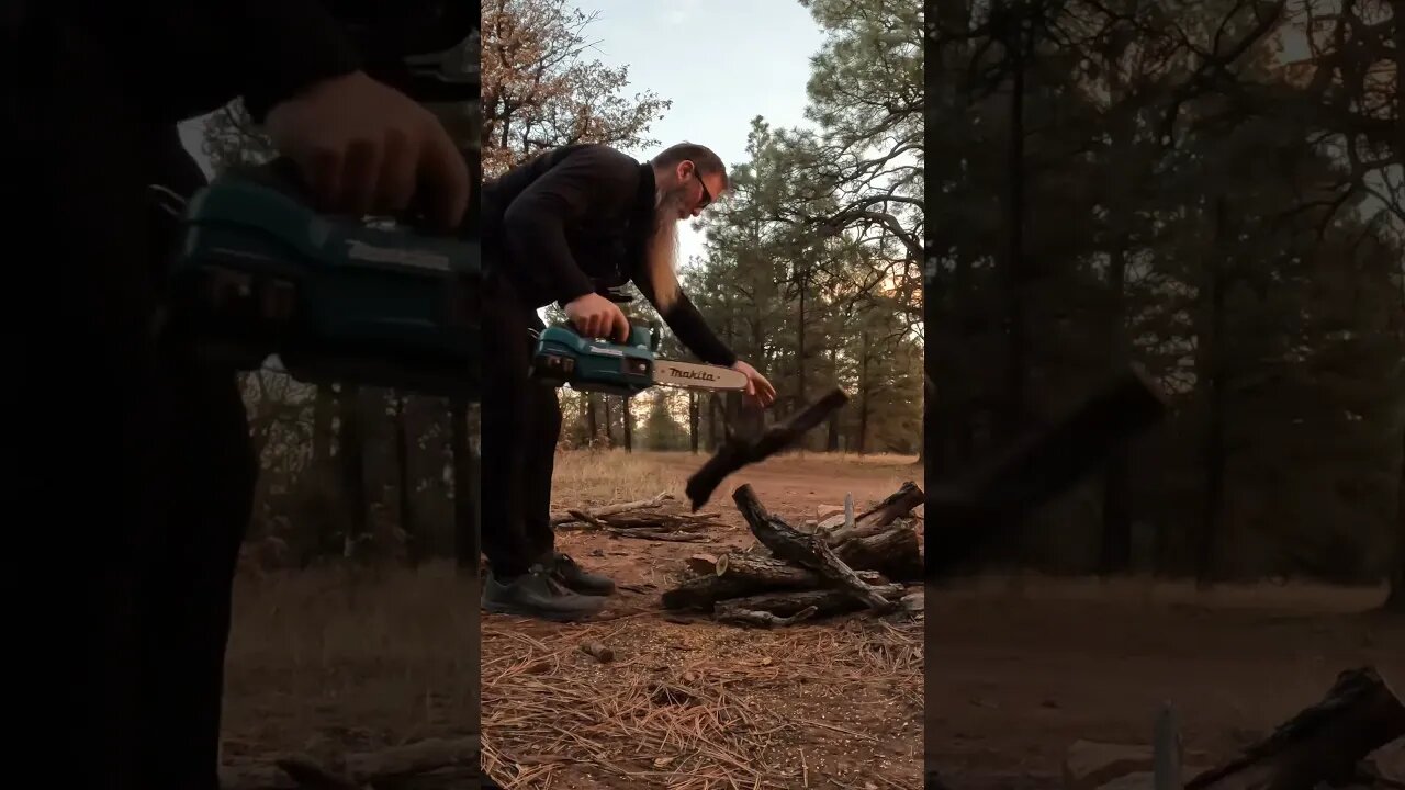 Cutting firewood with the Makita electric chainsaw