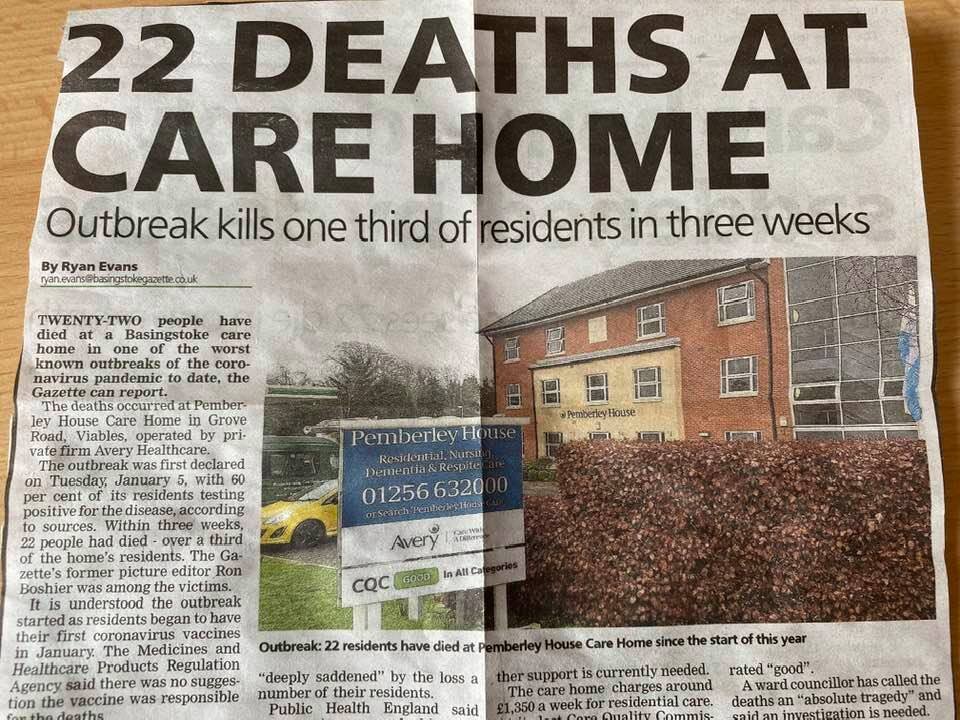 Coronavirus outbreak, 22 deaths at Pemberley House Care Home, after receiving Covid19 Vaccine