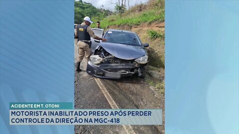 Acidente em T. Otoni: motorista inabilitado preso após perder controle da direção na MGC-418.