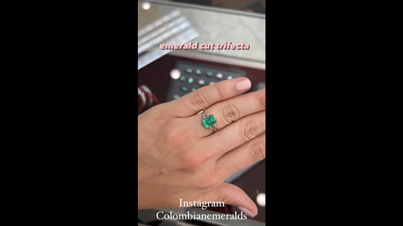 2.98ct Emerald cut diamond emerald cut Colombian emerald three stone statement engagement ring 14K