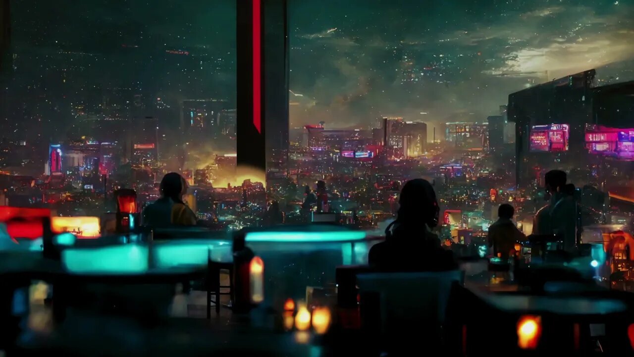 you’re relaxing to cyberpunk ambience at rooftop lounge in Bilos