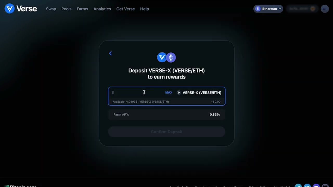 How to deposit LP tokens in Verse Farms to earn yield on Bitcoin.com's Verse DEX