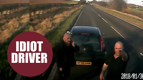 Moment a lorry driver has to slam on the brakes after a car pulls in front with inches to spare.