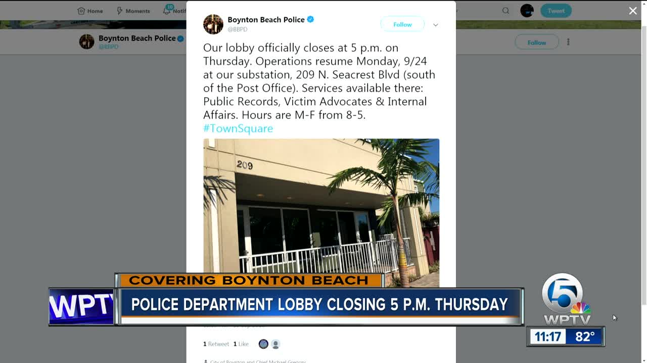 Boynton Beach Police Department lobby closing Thursday