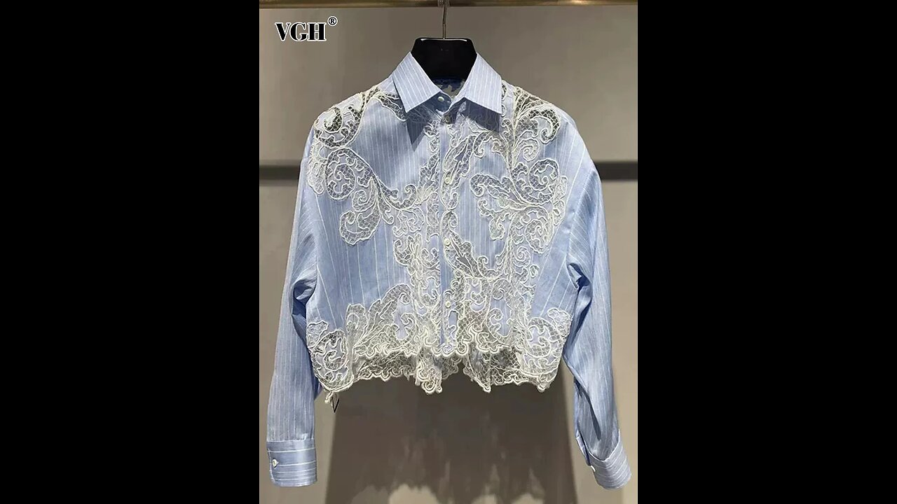 SALE! Striped Patchwork Lace Elegant Shirt For Women Lapel Long Sleeve