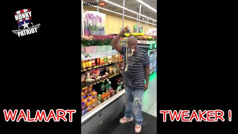 WALMART SHOPPER TWEAKING ON DRUGS WRECKS STORE & HIMSELF !