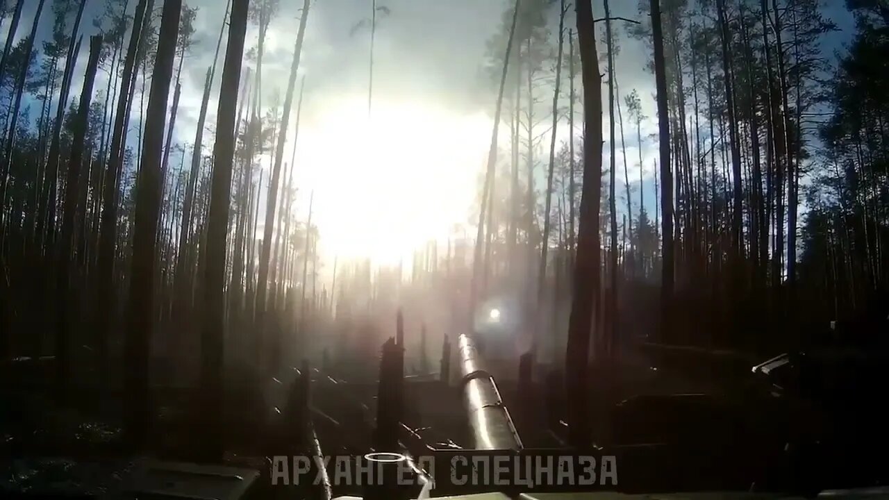 A pair of Russian tankers works on the enemy in the forests.