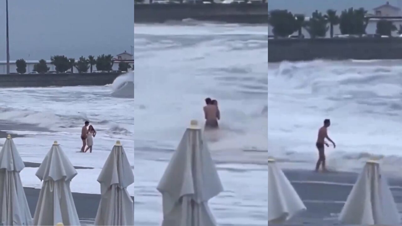 Woman Gets Swept Away by Massive Waves as Her Boyfriend Frantically Tries to Help