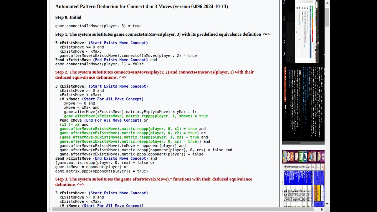 Pattern Deduction Connect 4 in 3 Moves (AI 0.096 2024-10-13) - Steps 0 to final step 7
