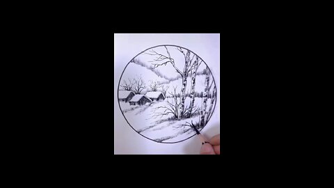 A winter scenery drawing in a circle