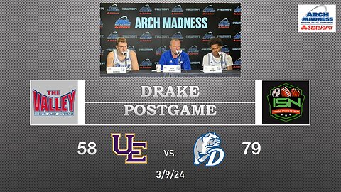 Drake Post-Game Coach DeVries, #12 Tucker DeVries, #10 Atin Wright 75-59 Over Evansville MVC Tourney