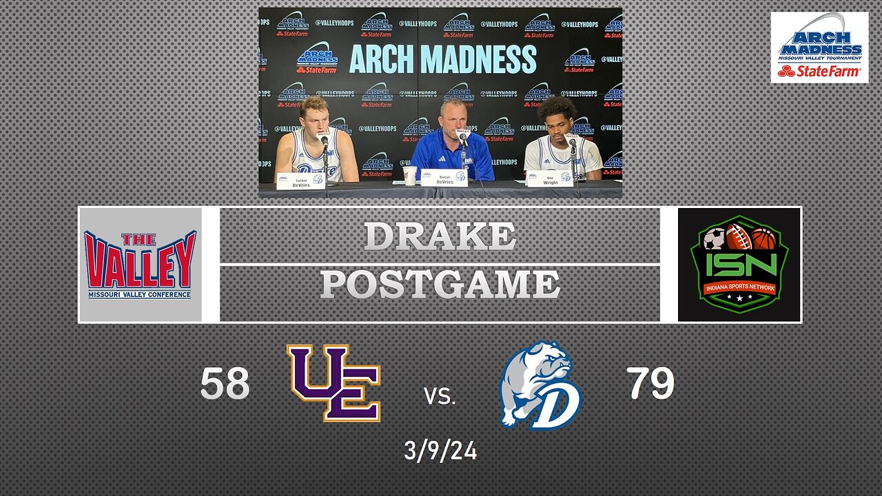 Drake Post-Game Coach DeVries, #12 Tucker DeVries, #10 Atin Wright 75-59 Over Evansville MVC Tourney