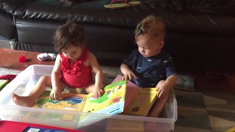 Toddler Boy And Girl Fight Over A Book