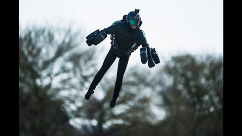 Soldier having training for flying jets suit
