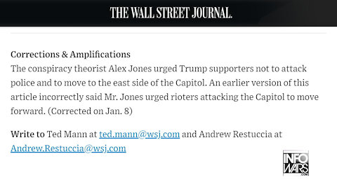 WSJ Retracts Claim Alex Jones Commanded Attack on US Capitol