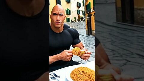 creepy AI generated Dwayne Johnson The Rock eating spaghetti