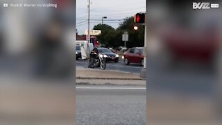 Homem transporta máquina de lavar numa moto
