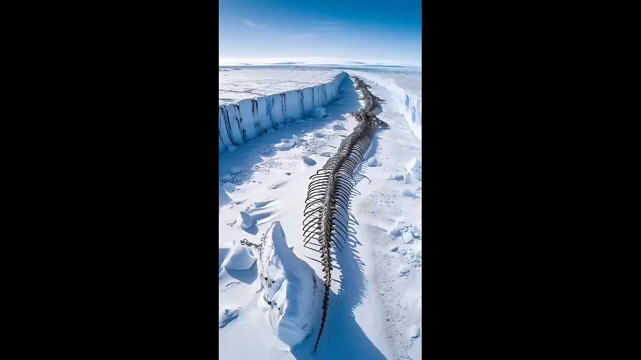 A huge and strange skeleton was photographed at the glacier wall