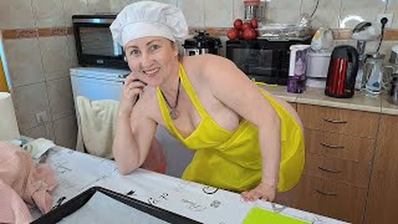 Nudist kitchen. Cooking show. Mila naturist