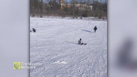 If practice makes perfect, this snowboarder is nearly there... OUCH!