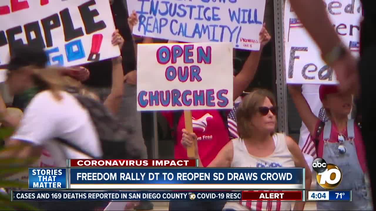 Crowd gathers Downtown for "Freedom Rally" to fully reopen San Diego