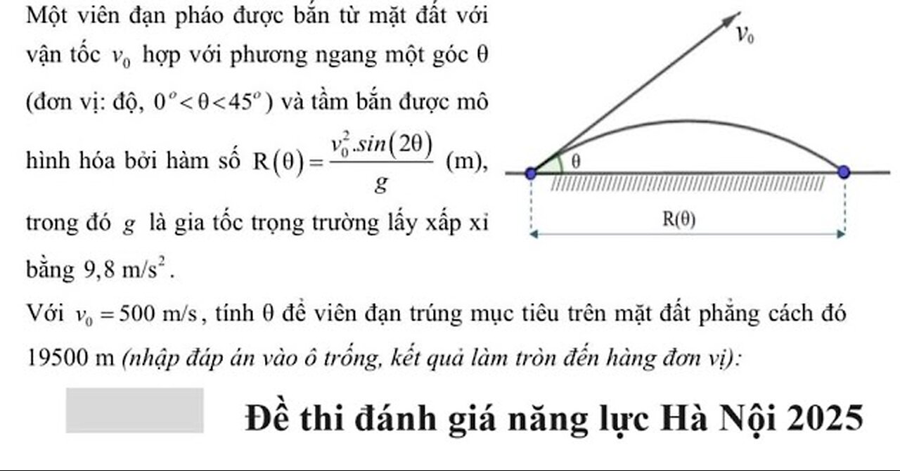 Đánh giá năng lực Hà Nội 2025: Một viên đạn pháo được bắn từ mặt đất với vận tốc vo hợp với phương