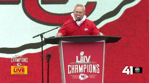 Mitch Holthus kicks off the Chiefs Kingdom Champions Parade pep rally