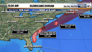 5 a.m. Wednesday update: Cat. 2 Dorian moving NNW at 8 mph with 105 mph winds