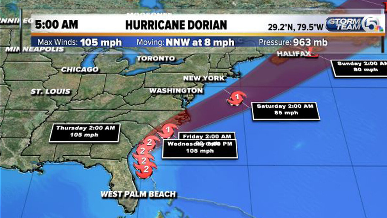 5 a.m. Wednesday update: Cat. 2 Dorian moving NNW at 8 mph with 105 mph winds