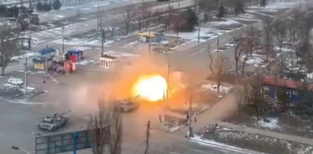 The shooting of the Azov Battalion tank in Mariupol, Ukraine.