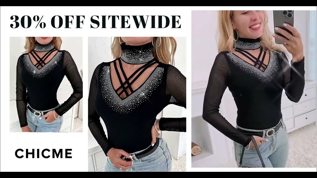 Rhinestone Decor Contrast Mesh Long Sleeve Knit Top