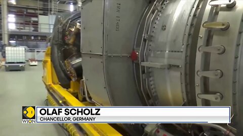 German chancellor Olaf Scholz inspects the Nord stream turbine, accuses Russia of delaying delivery