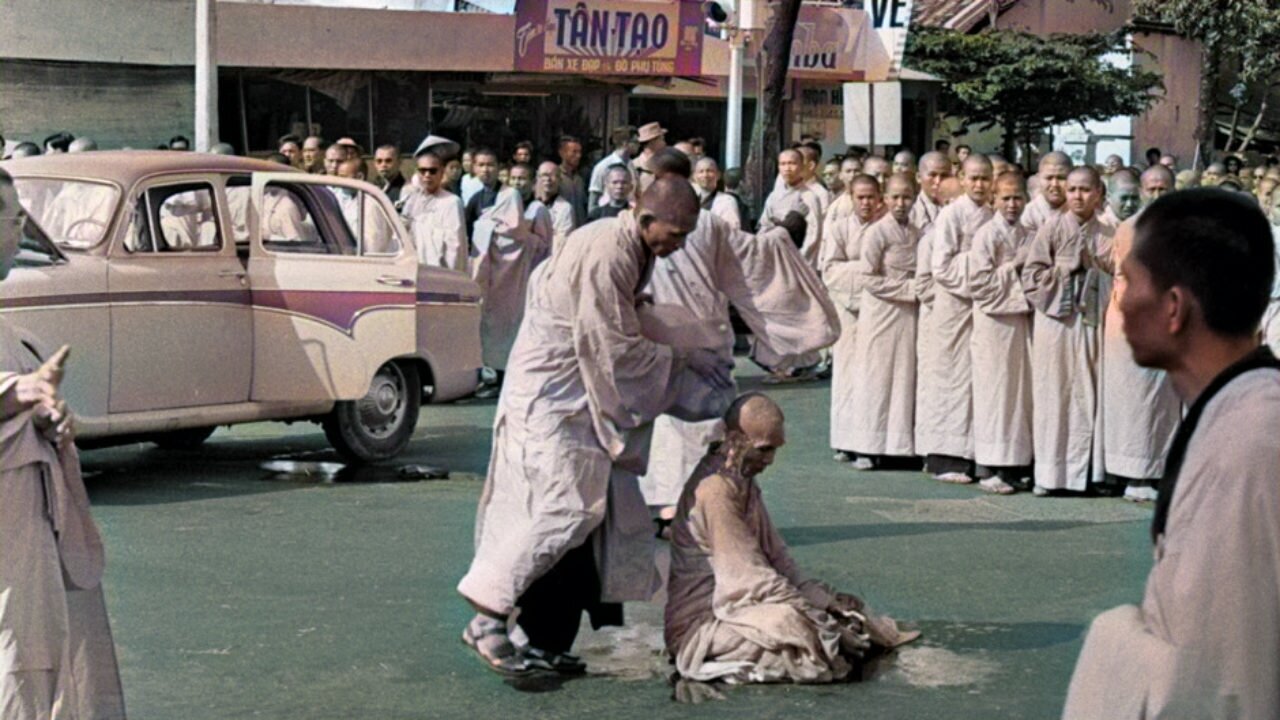 The Death of Thích Quảng Đức - death by self-immolation 1963 - Enhanced and Colorized