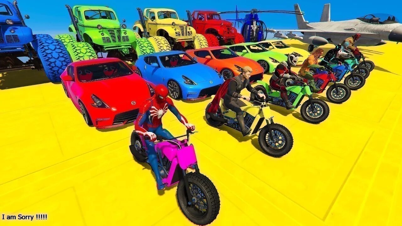 GTA V Mega Ramp On Bikes, Fighter Jets & Boats By Monster Trucks , Cars Spider man Racing Challenge