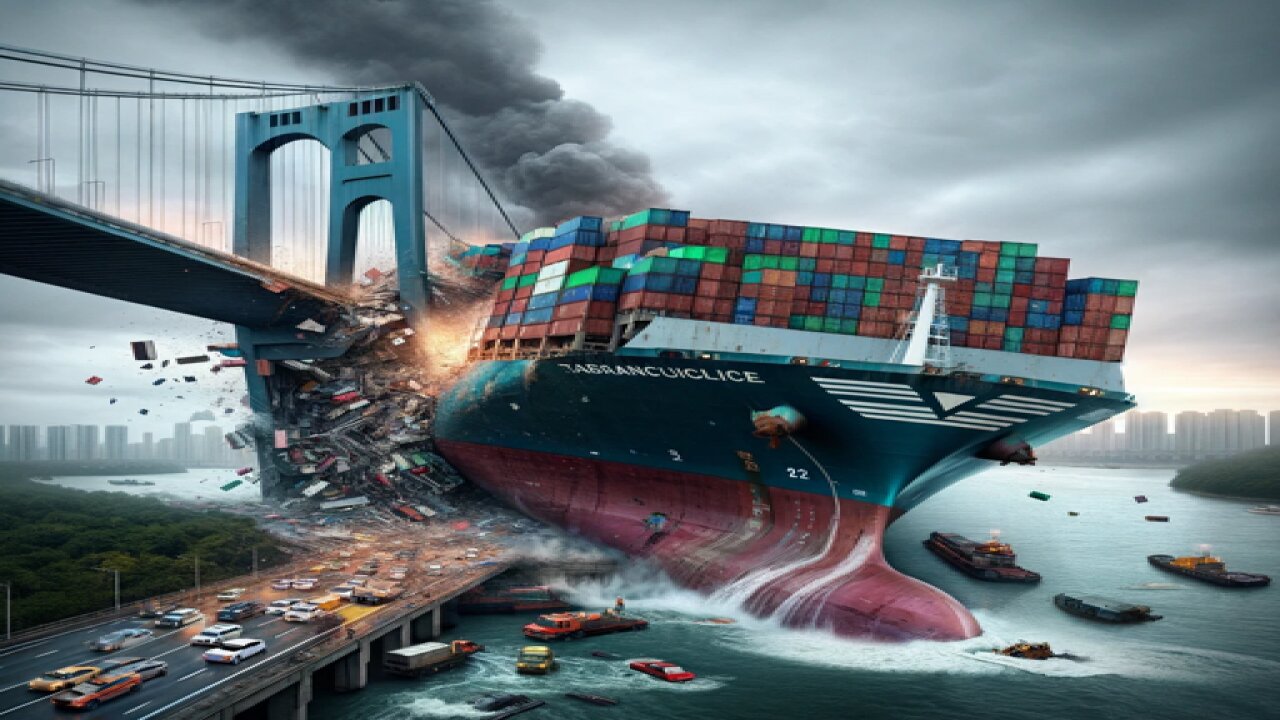 Container ship crashes into bridge and bridge falls.