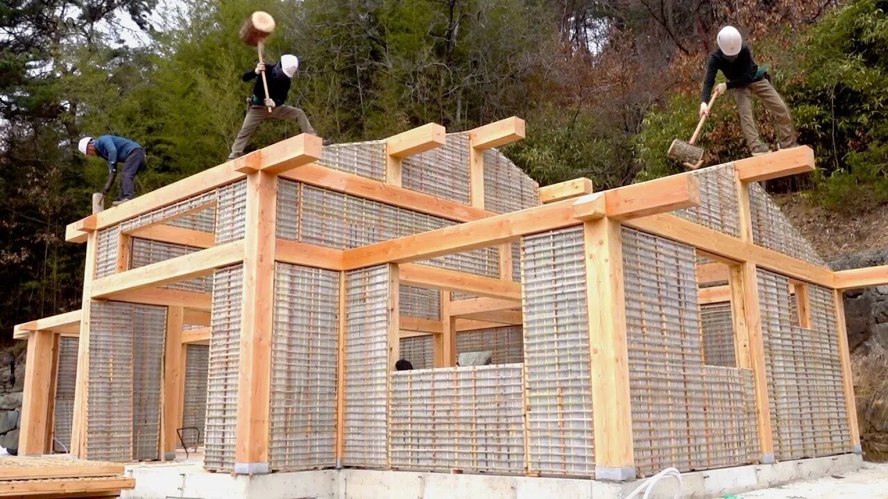 How to build a beautiful wooden house. Amazing woodworkers teamwork