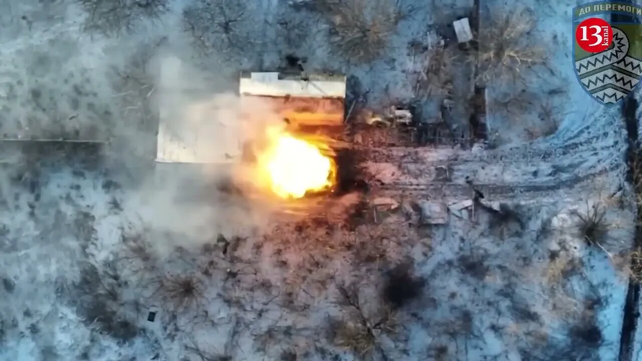Drone attack on warehouse where Russians store ammunition and equipment strong blast occurs
